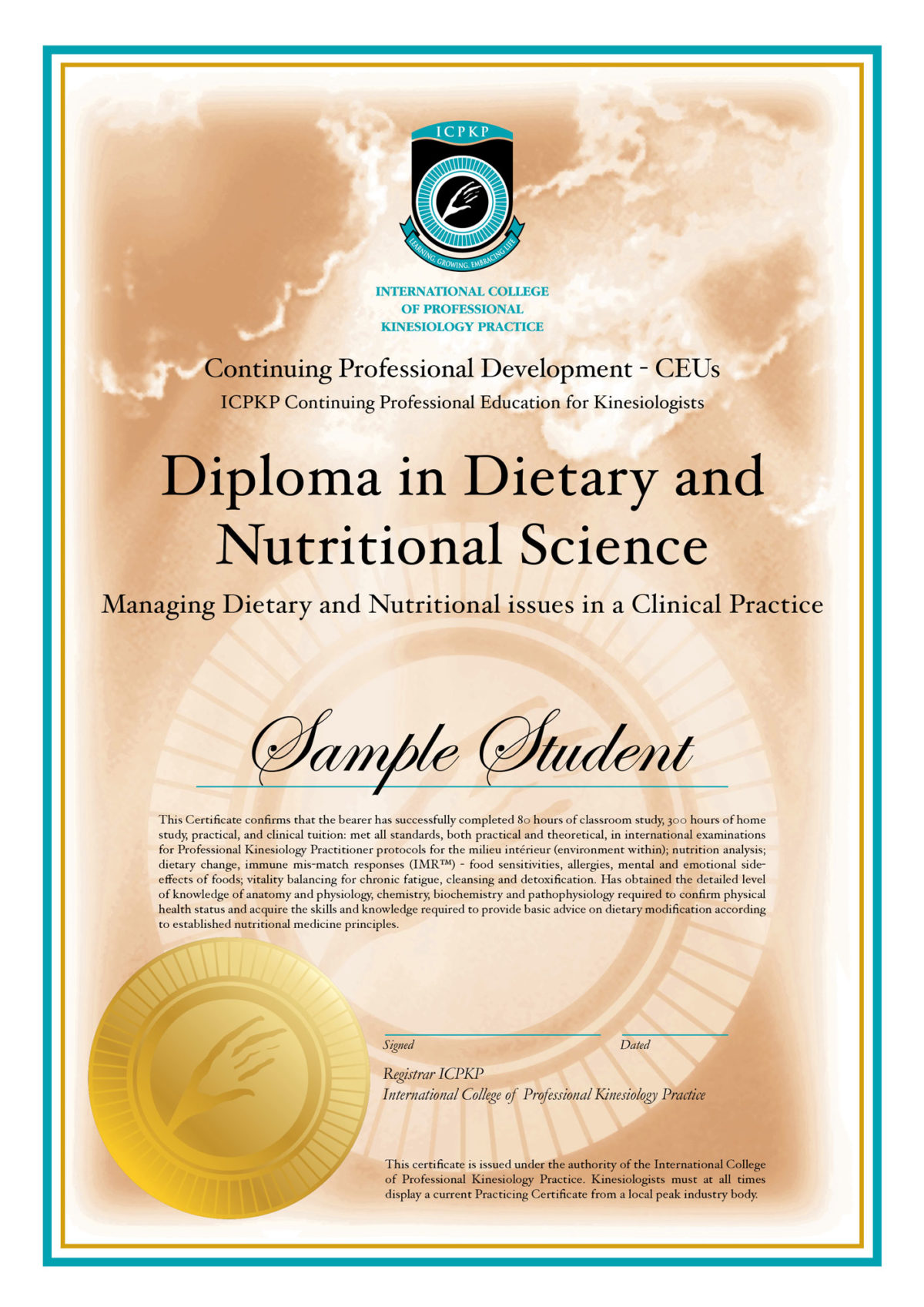 Diploma of Dietary and Nutritional Science sample cert
