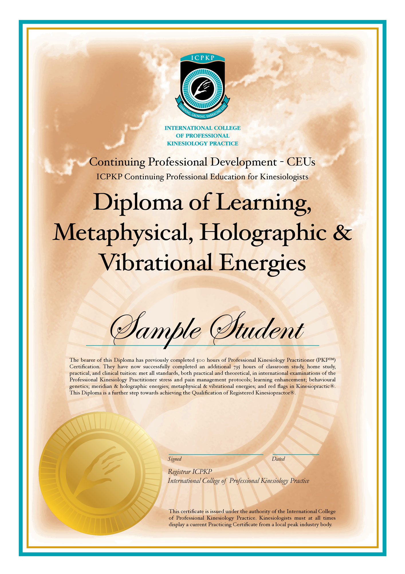 Diploma of Learning, Metaphysical, Holographic & Vibrational Energies certificate